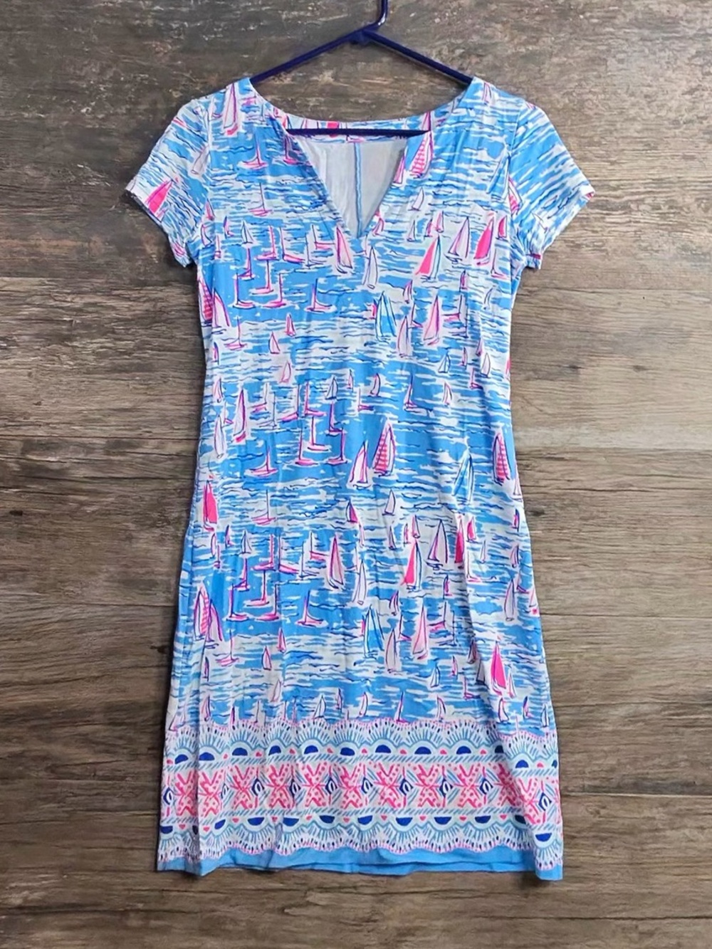 Lilly Pulitzer Blue with Pink Sailboat Print Short Sleeve Mini Dress